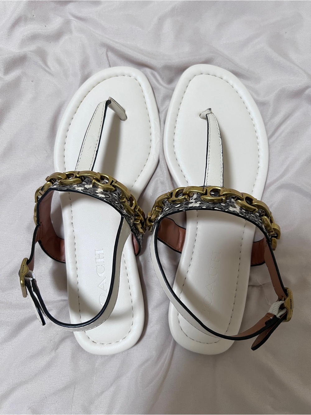 COACH White Leather Sandals with Gold Chain Accent